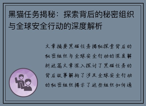 黑猫任务揭秘：探索背后的秘密组织与全球安全行动的深度解析